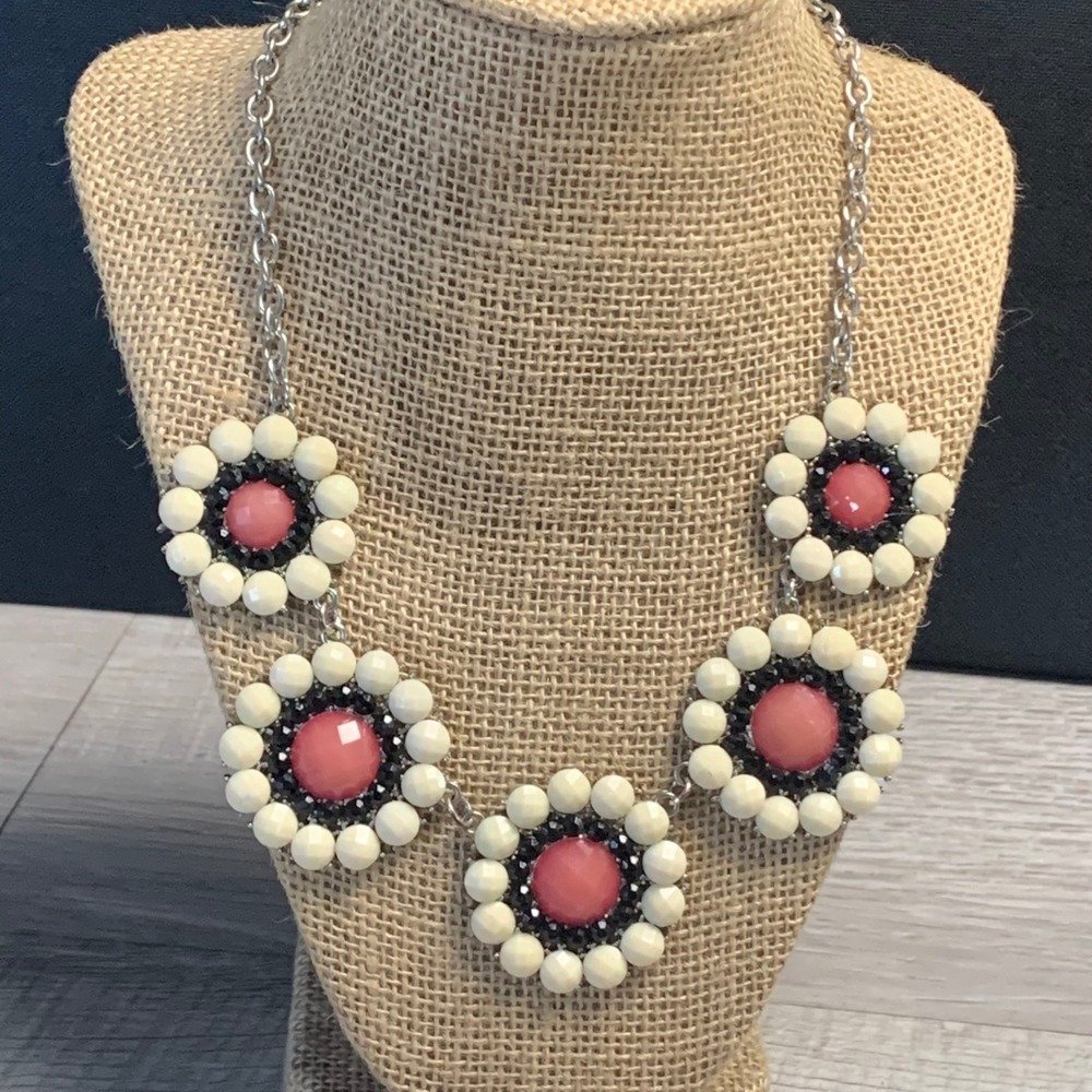 Silver Tone Pink Cream Black Floral Bib Statement Necklace 16 Inch Adjustable